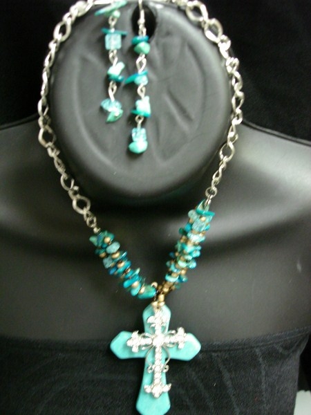 Torq. Stone Fashion Necklace Set W/ Cross